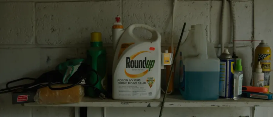 Roundup herbicide on a garage shelf
